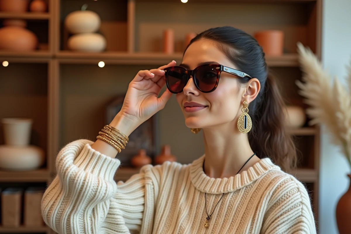 Femme aux bracelets dorés et lunettes écaille feuilletant des accessoires dans une boutique de mode tendance aux étagères en bois
