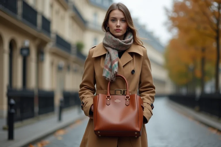 Femme élégante portant un foulard en soie et un sac en cuir cognac dans une rue pavée parisienne en automne
