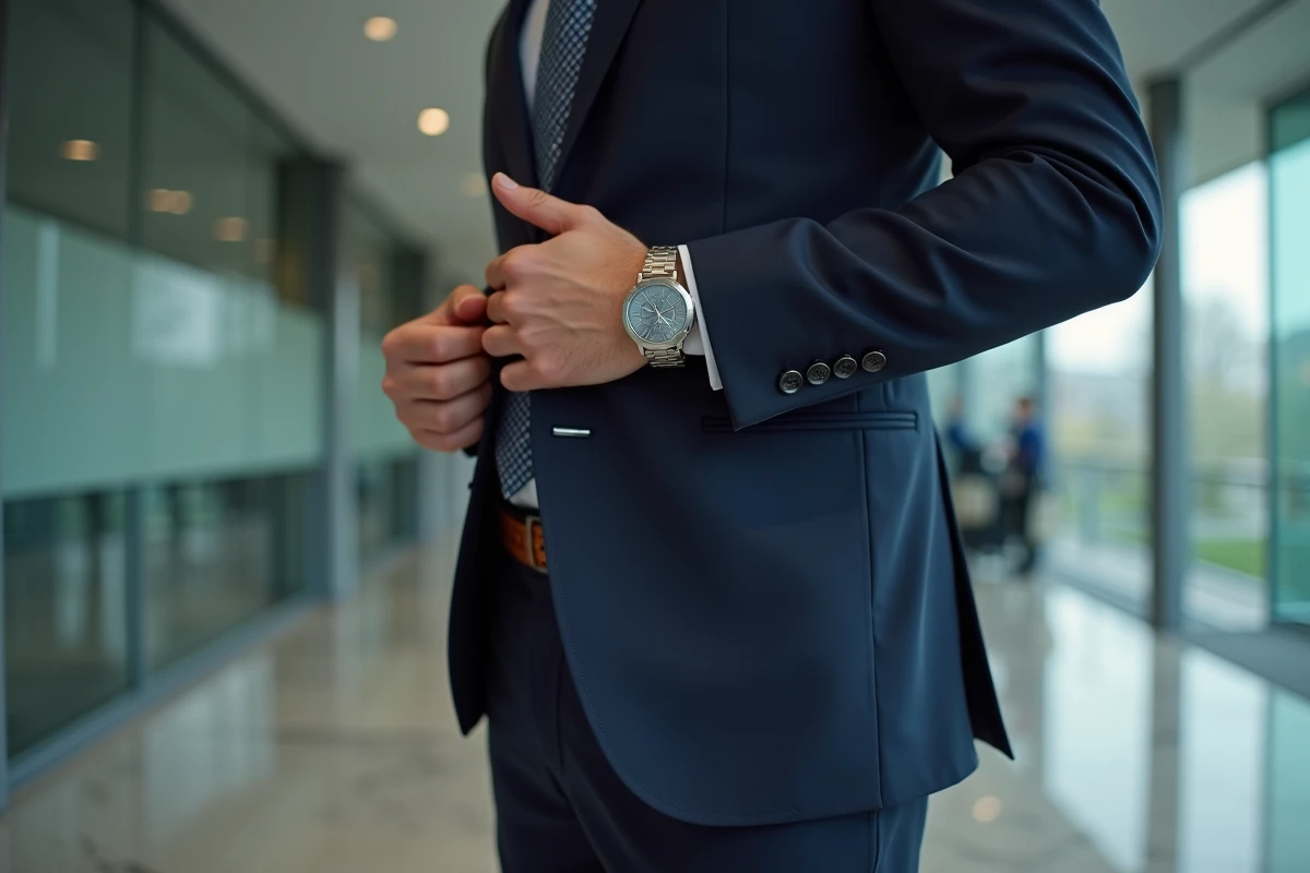 Homme en costume marine portant une montre argentée et un pin's sur le revers dans un lobby de bureau moderne minimaliste