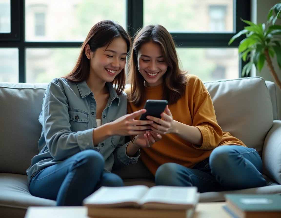 Deux amis parcourant des mangas sur smartphone dans un salon moderne et contemporain