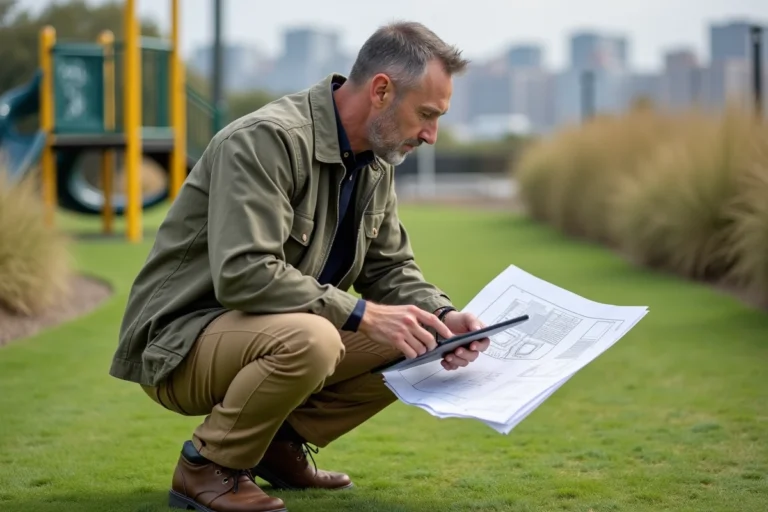 Paysagiste homme en pleine nature examine plans et tablette