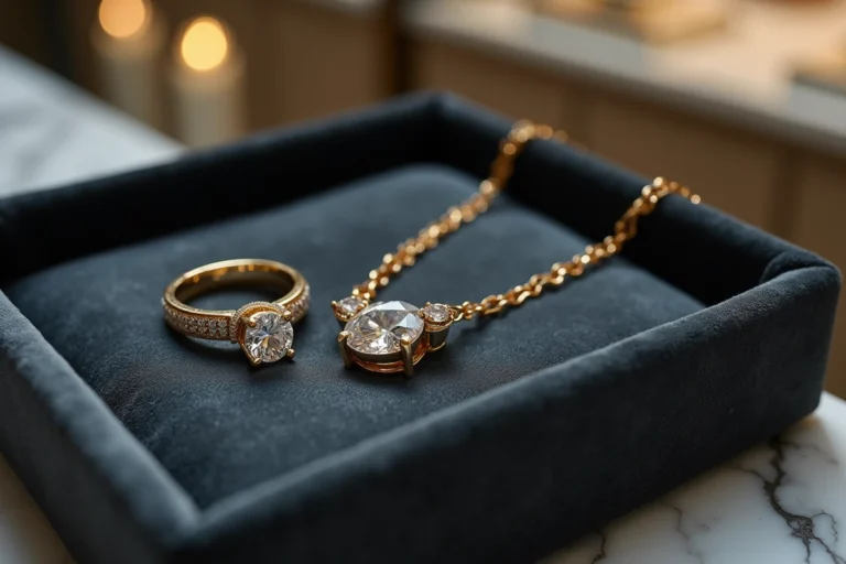 Bague en diamant et collier en or posés sur un plateau en velours gris dans une bijouterie de luxe parisienne