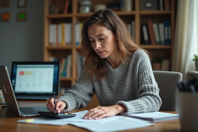 Femme travaillant à temps partiel calculant ses droits au chômage à son bureau à domicile