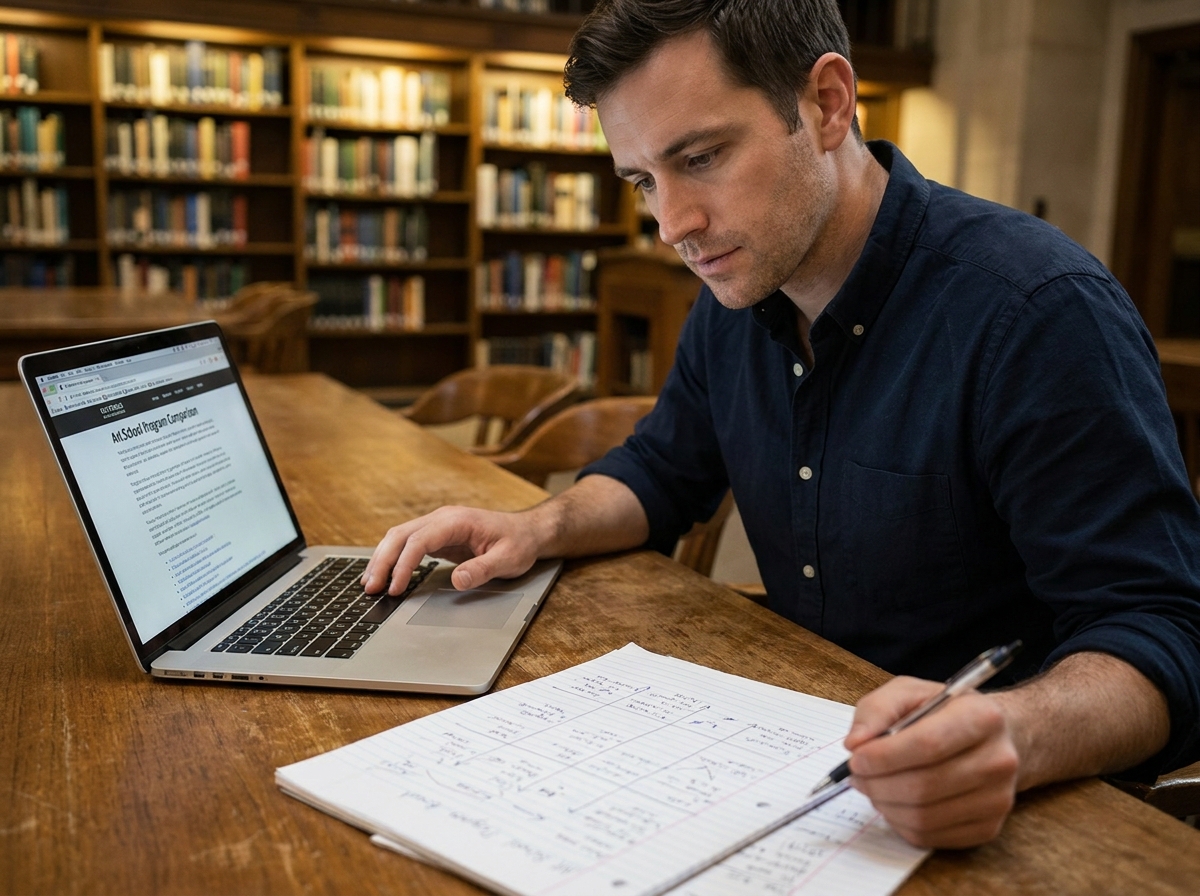 Homme en bibliothèque universitaire comparant des programmes de formations artistiques sur ordinateur avec un tableau de comparaison manuscrit
