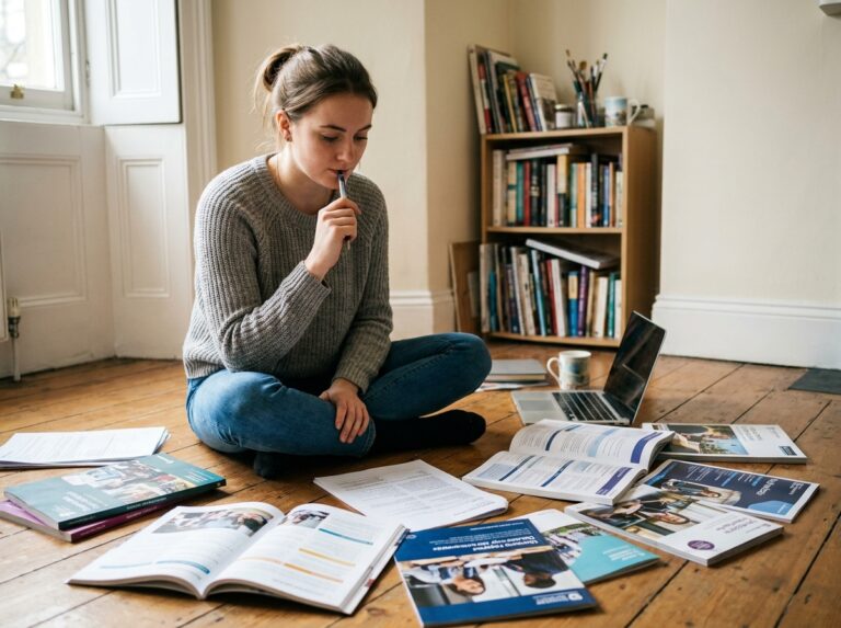 Jeune femme comparant plusieurs brochures de cursus artistiques sur le sol de son appartement, entourée de documents imprimés