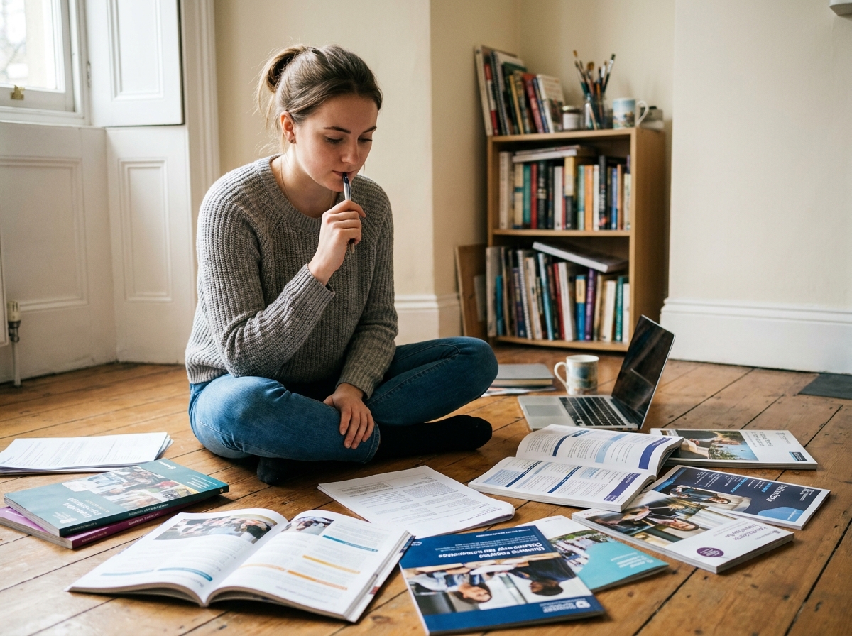 Jeune femme comparant plusieurs brochures de cursus artistiques sur le sol de son appartement, entourée de documents imprimés