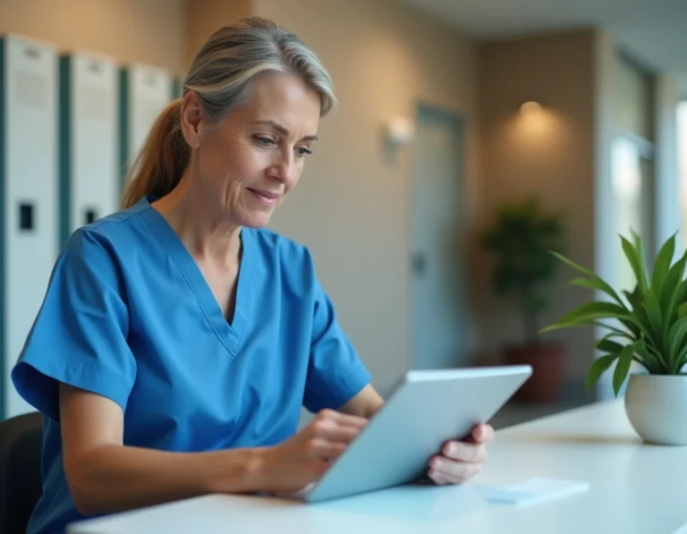 Infirmière en blouse médicale bleue se connectant à l'application Netsoins sur une tablette dans une salle de pause hospitalière