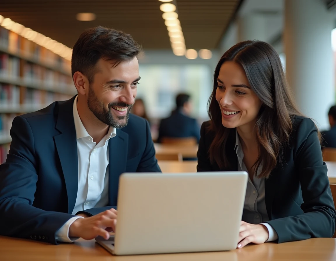 Deux adultes consultant ensemble les ressources gratuites pour le BSR sur un ordinateur portable dans une bibliothèque publique