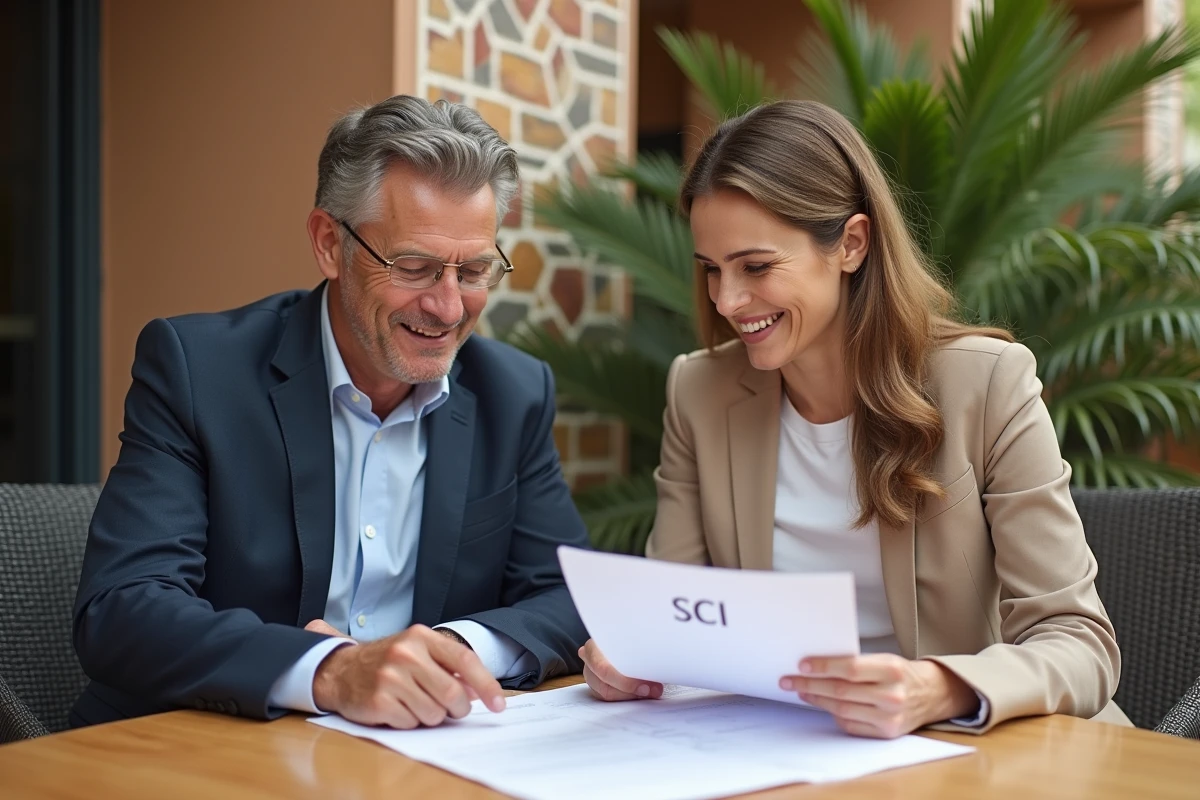 Couple professionnel examinant documents immobiliers en extérieur