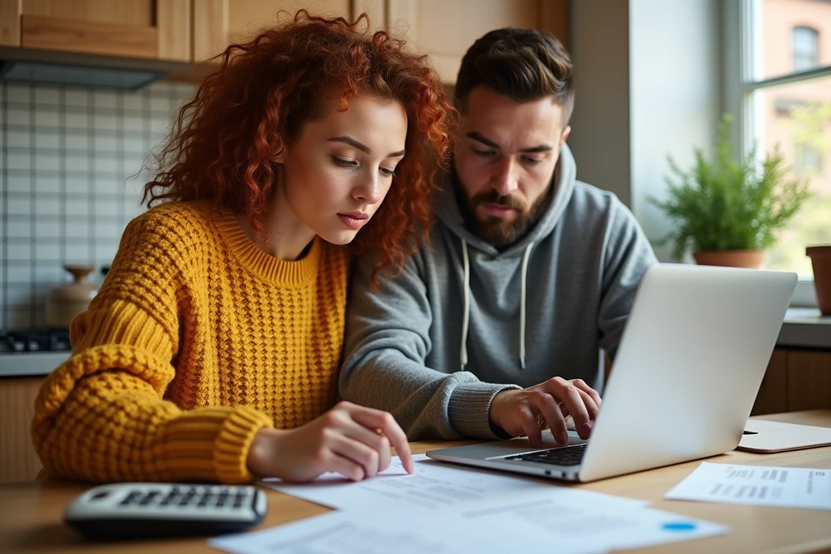 Couple étudiant les conditions d'éligibilité au prêt Action Logement autour d'une table de cuisine