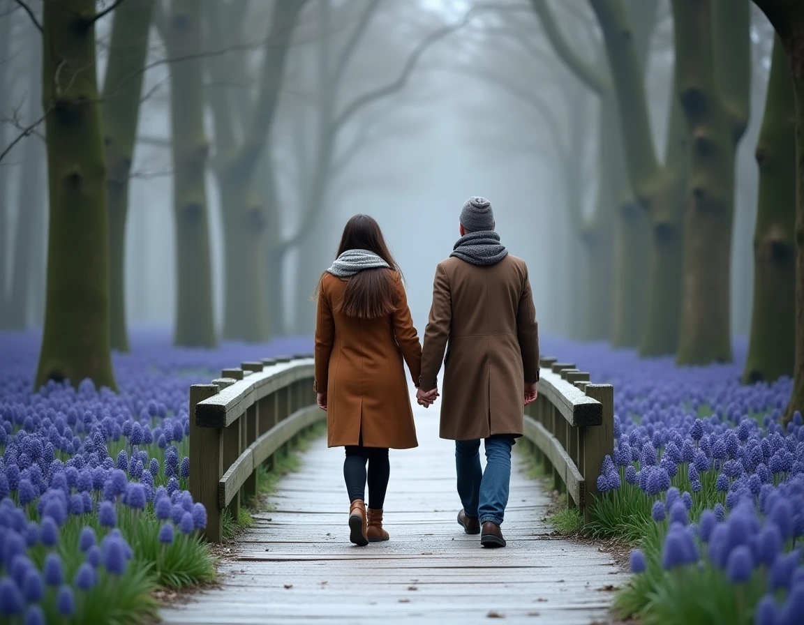 Couple traversant un pont en bois dans la forêt enchantée de Hallerbos en Belgique entourée de jacinthes sauvages et de brume matinale