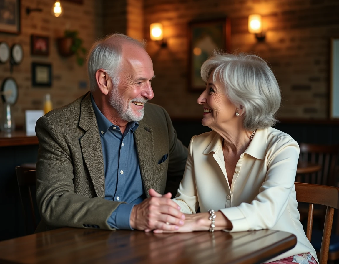 Couple mature élégant partageant un moment complice dans un pub anglais traditionnel, illustrant une vie privée harmonieuse