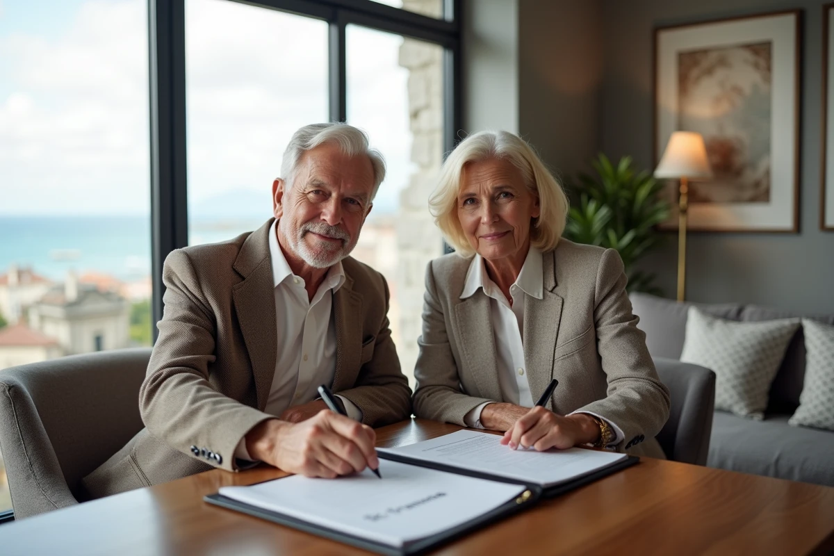 Vieux couple signant document immobilier dans salon moderne