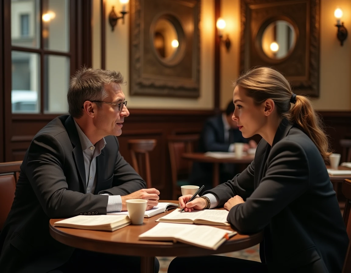 Deux philosophes débattant autour d'une table de café parisien avec des livres et des notes de philosophie