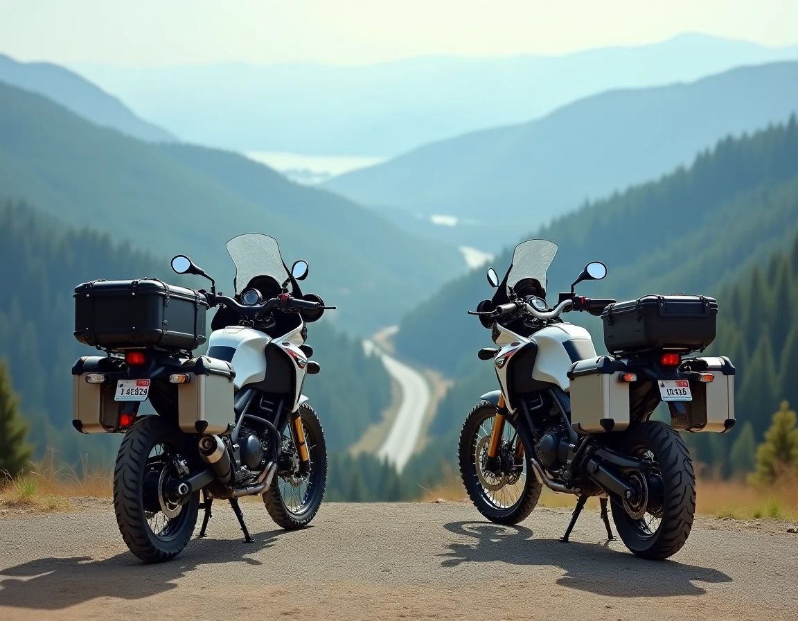 Deux motos grand tourisme avec grands réservoirs et bagagerie complète sur un plateau de gravier surplombant une vallée lors d'un voyage longue distance