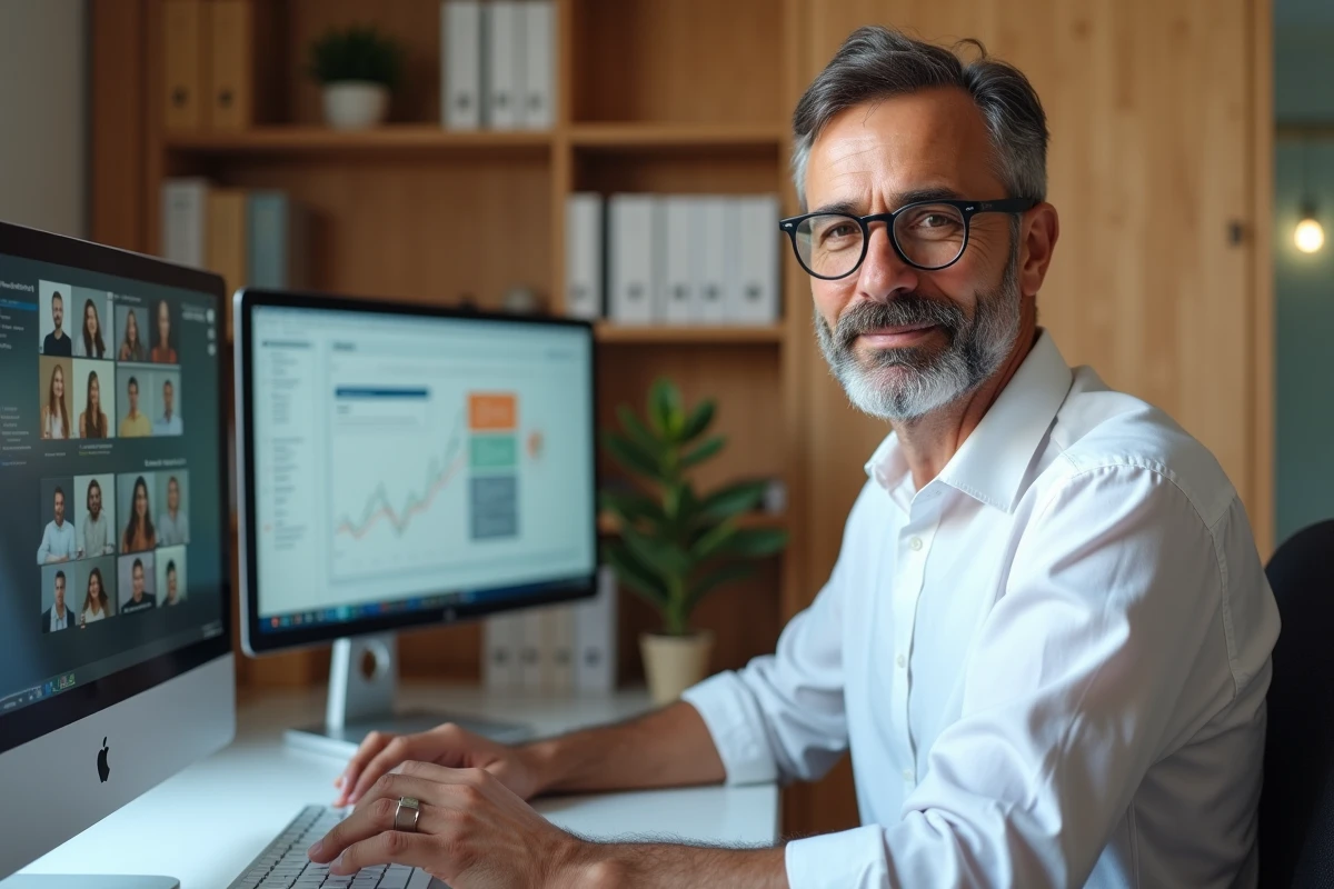 Dirigeant d'entreprise pilotant une stratégie de transformation digitale depuis son bureau à domicile avec visioconférence