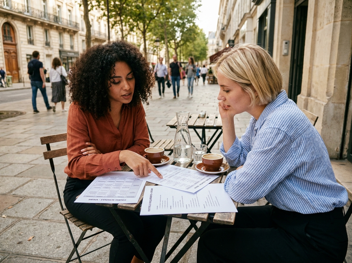 Deux jeunes femmes discutant et comparant des programmes de cursus artistiques autour d'un café en terrasse urbaine