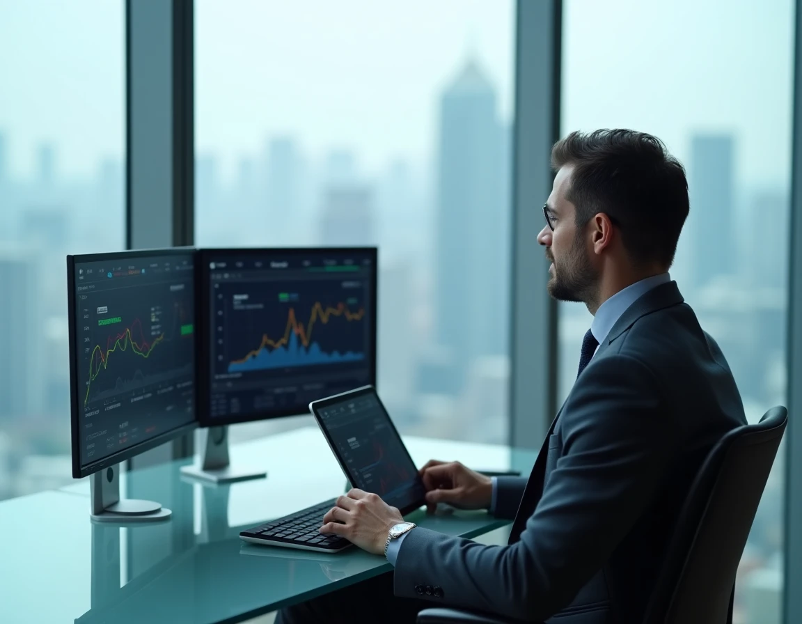 Entrepreneur masculin analysant des données business sur des écrans dans un bureau moderne avec vue sur la ville
