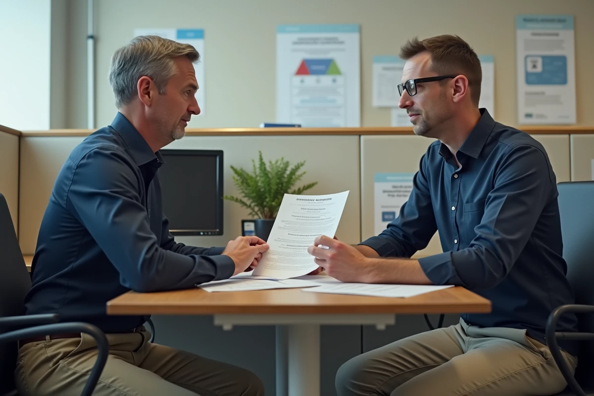 Homme en entretien à l'agence France Travail pour comprendre le calcul de ses allocations chômage en temps partiel