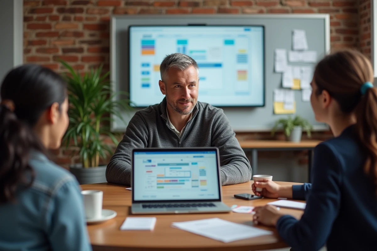 Équipe de travail collaborant autour de solutions cloud et d'outils agiles dans une salle de réunion de startup