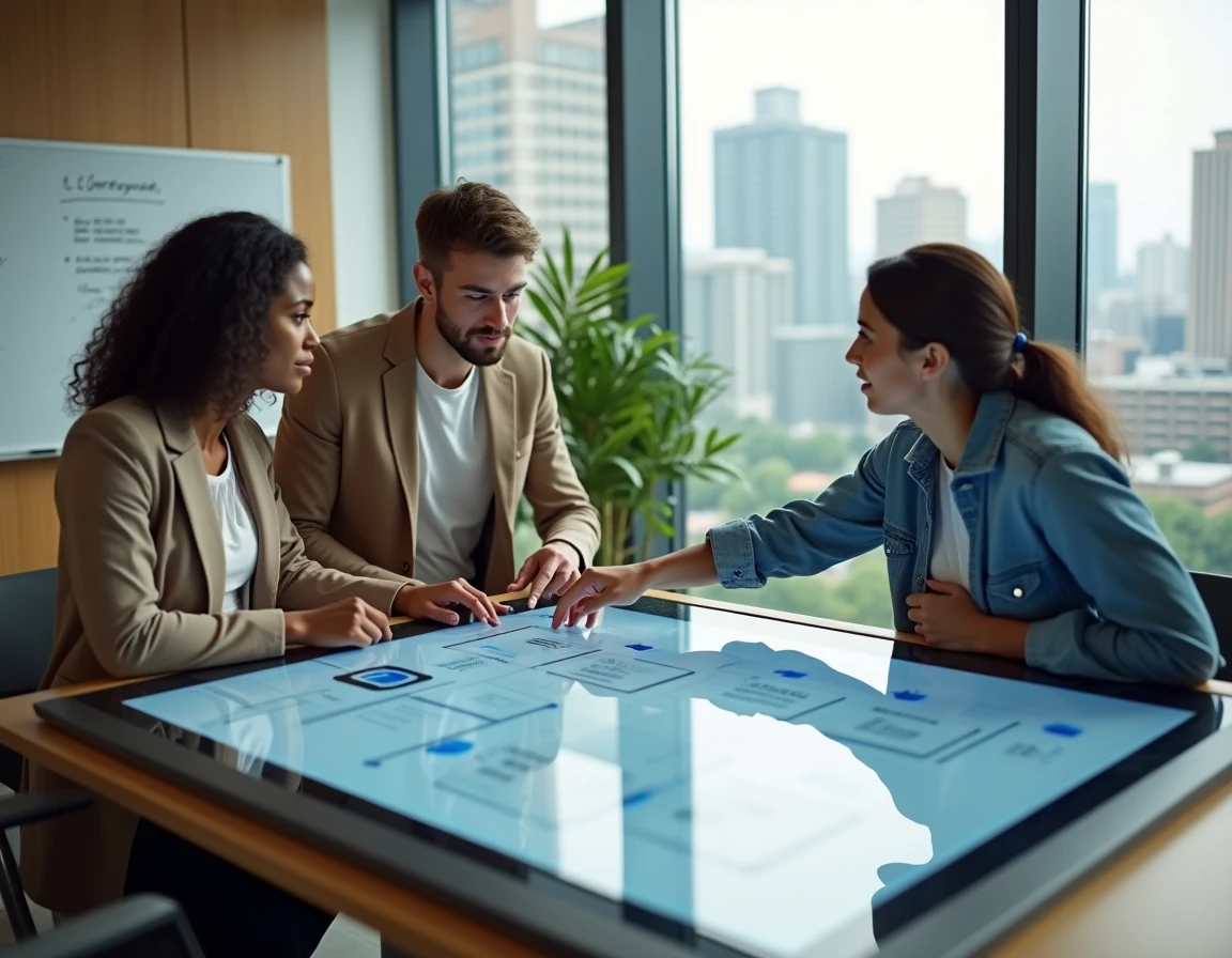 Équipe de collaborateurs en réunion autour d'une table tactile analysant un workflow de gestion documentaire digitalisé