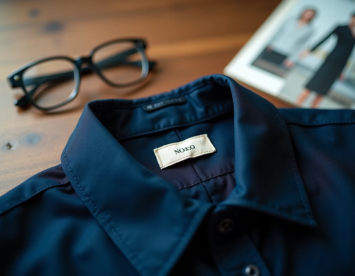 Étiquette cousue dans un vêtement de marque française posé sur une table en bois avec un ancien catalogue de mode