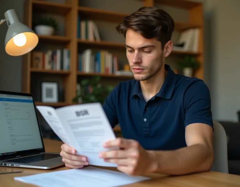 Jeune homme étudiant le livret BSR à son bureau à domicile avec un ordinateur portable affichant un formulaire d'inscription en ligne