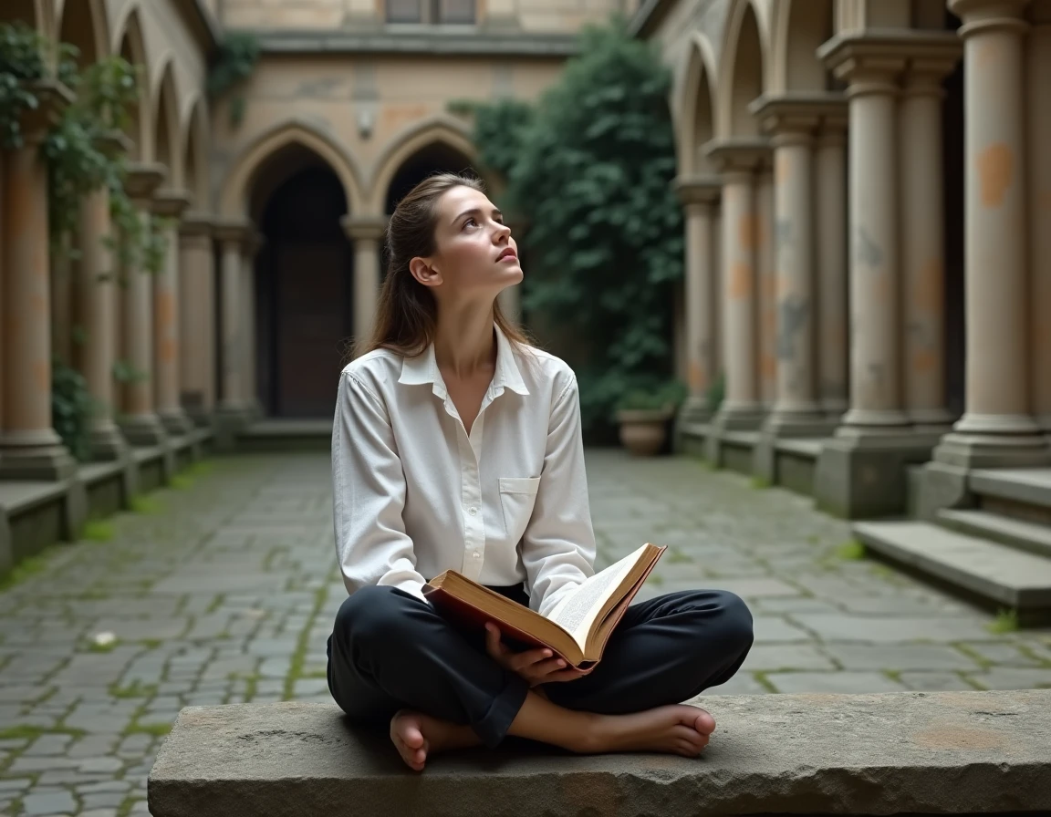 Jeune femme philosophe lisant un livre de philosophie dans une cour universitaire en pierre ancienne