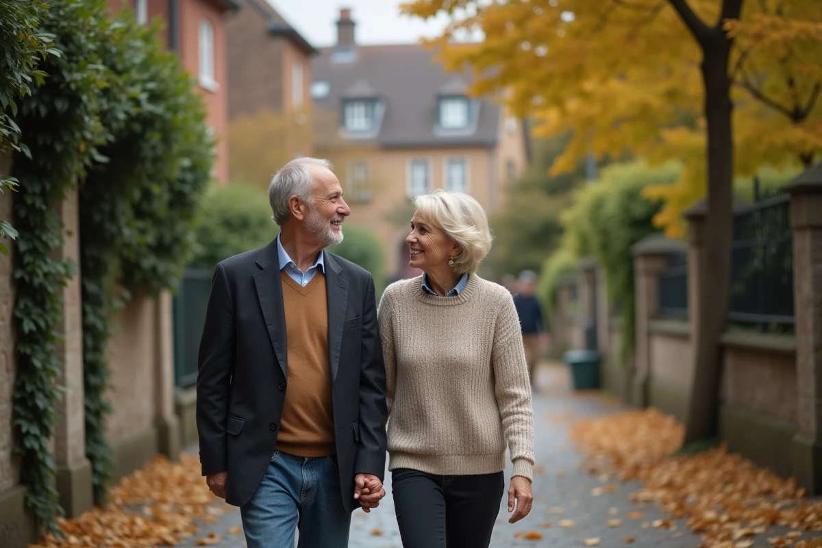 Couple élégant se promenant discrètement dans une rue résidentielle européenne, évoquant la vie privée et la discrétion familiale d'un cadre dirigeant
