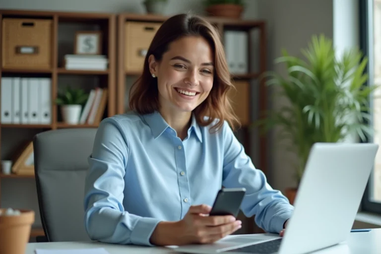 Femme en bureau moderne travaillant sur son ordinateur