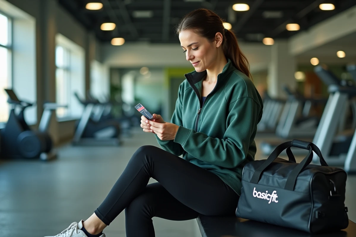 Femme consultant sa carte d'abonnement Basic Fit avec son sac de sport à côté d'elle
