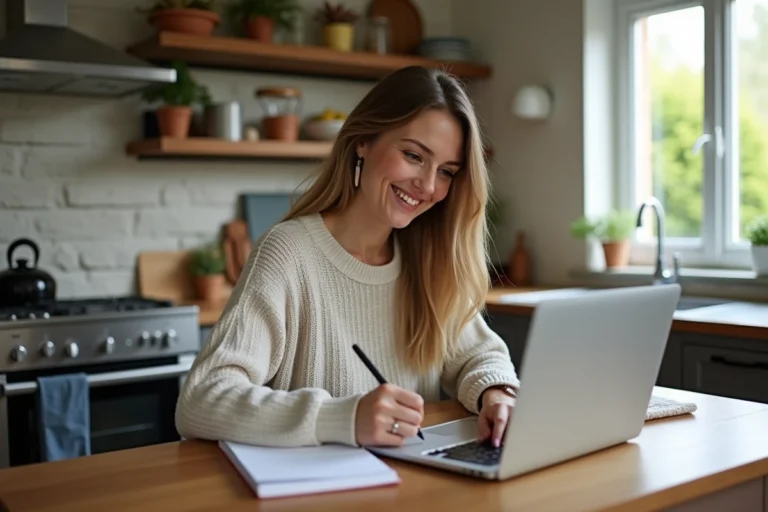 Femme souriante travaillant sur son ordinateur en cuisine
