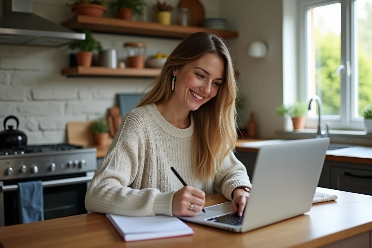 Femme souriante travaillant sur son ordinateur en cuisine