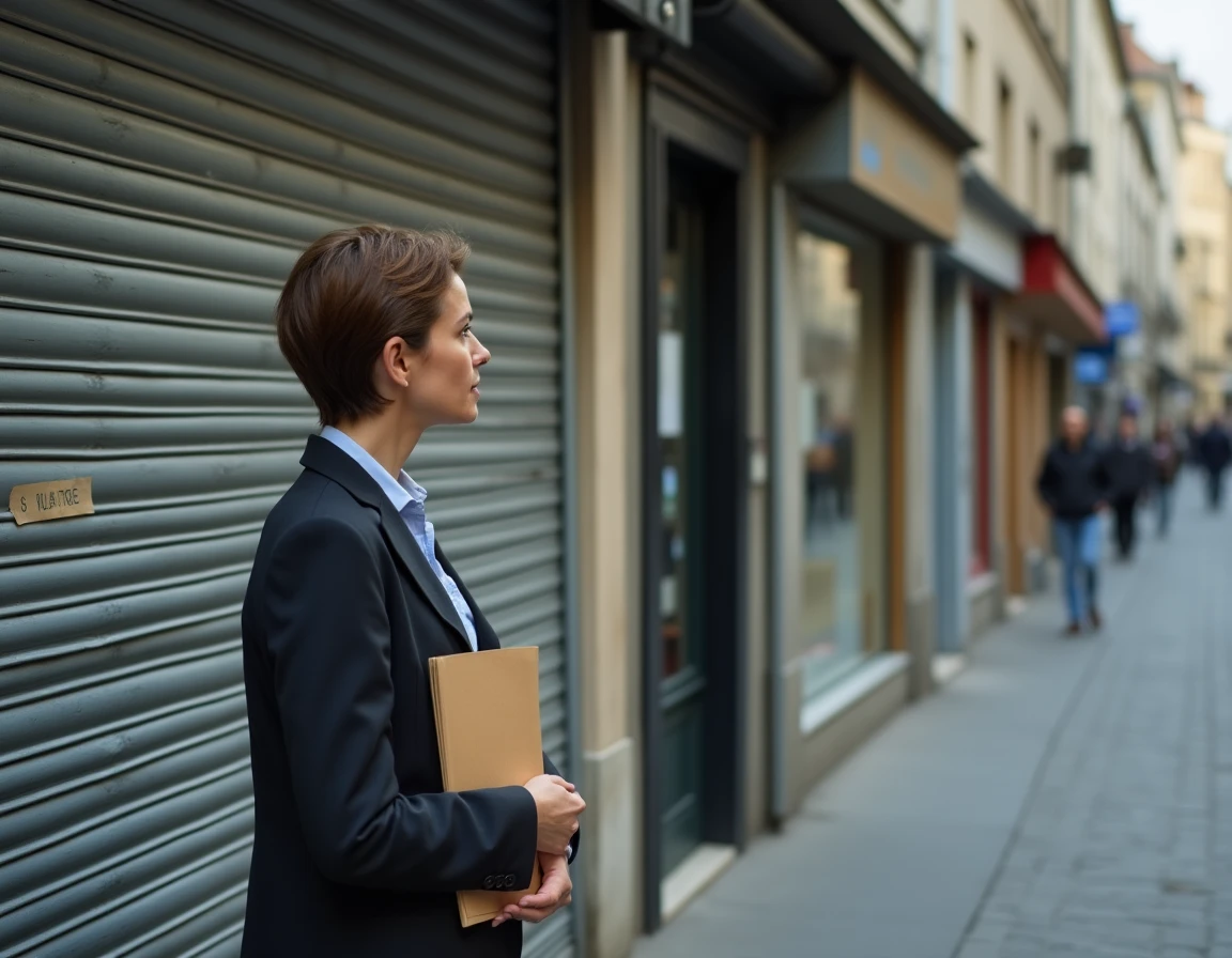 Femme d'affaires devant une boutique fermée dans une rue commerçante française, symbolisant la fin d'une enseigne de mode