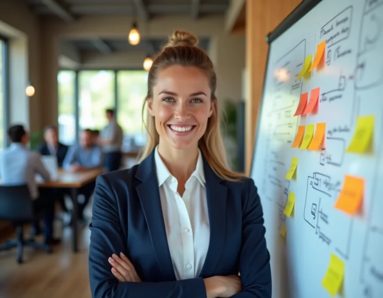 Femme entrepreneure devant un tableau blanc avec stratégie business dans un espace de coworking moderne
