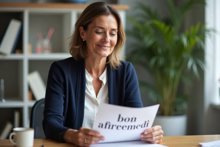 Femme française souriante lisant un papier dans un bureau lumineux