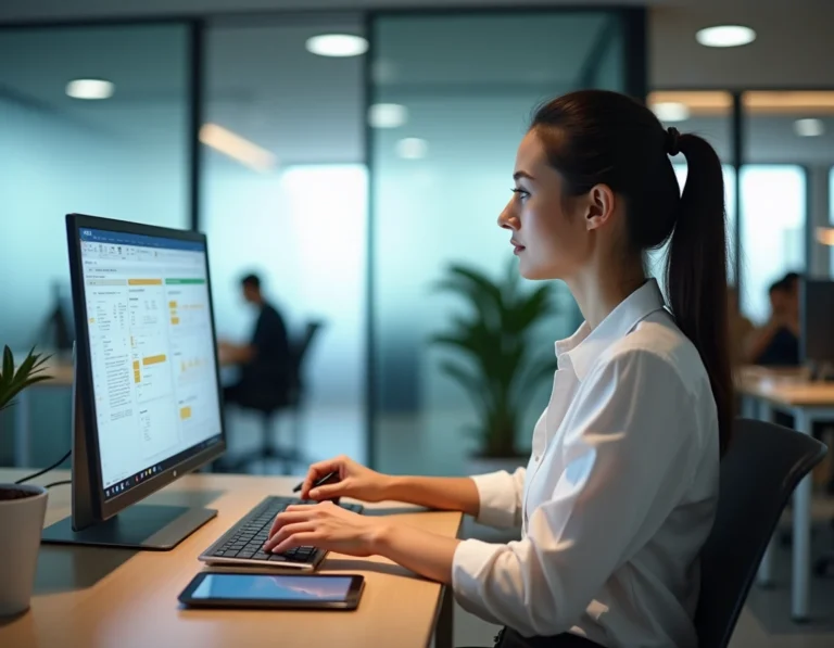 Femme professionnelle consultant des documents numériques sur un écran dans un bureau moderne, illustrant la gestion documentaire digitalisée en entreprise