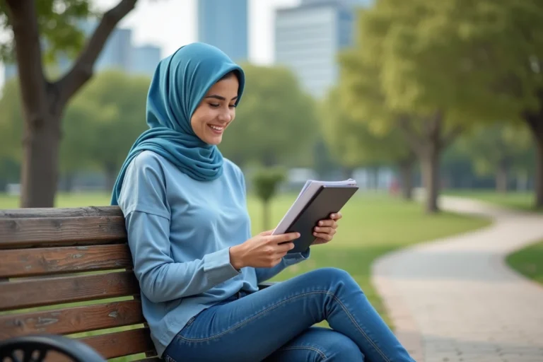 Jeune femme en hijab tenant un document de voyage dans un parc