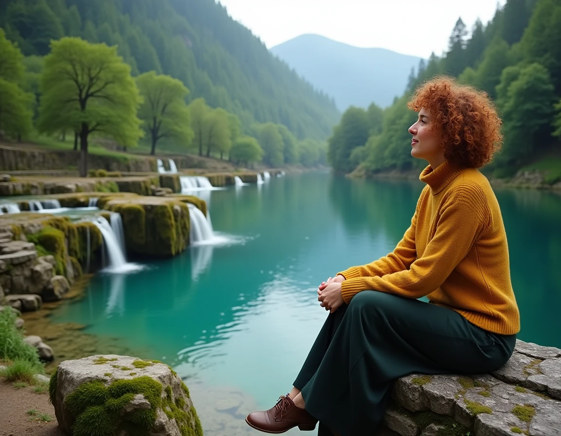 Femme aux cheveux roux assise sur un muret de pierre devant les cascades turquoise du parc national des lacs de Plitvice en Croatie