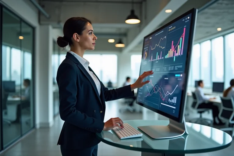Femme manager interagissant avec un tableau de bord numérique dans un bureau moderne lors d'une transformation digitale