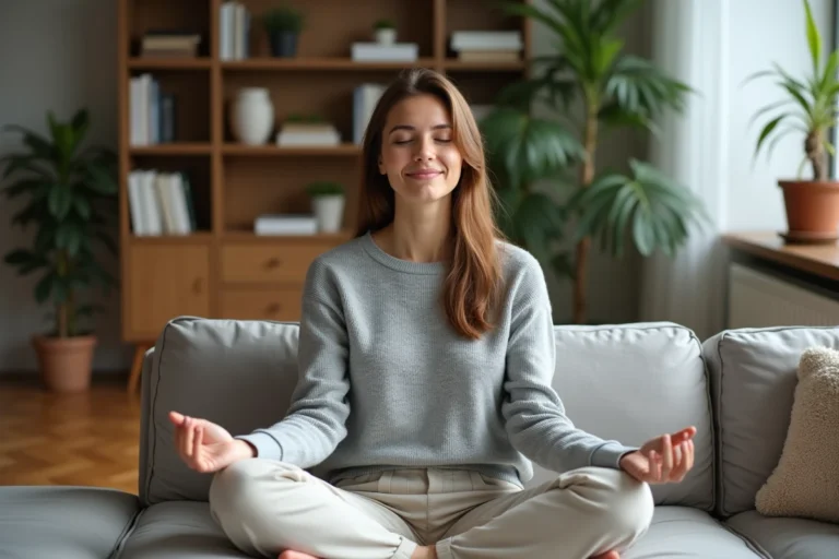 Femme méditant paisiblement dans un salon cosy