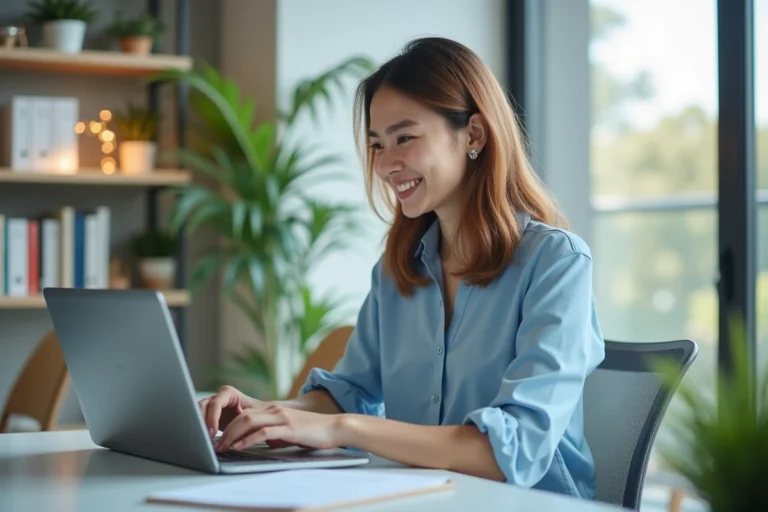 Jeune femme professionnelle souriante au bureau moderne