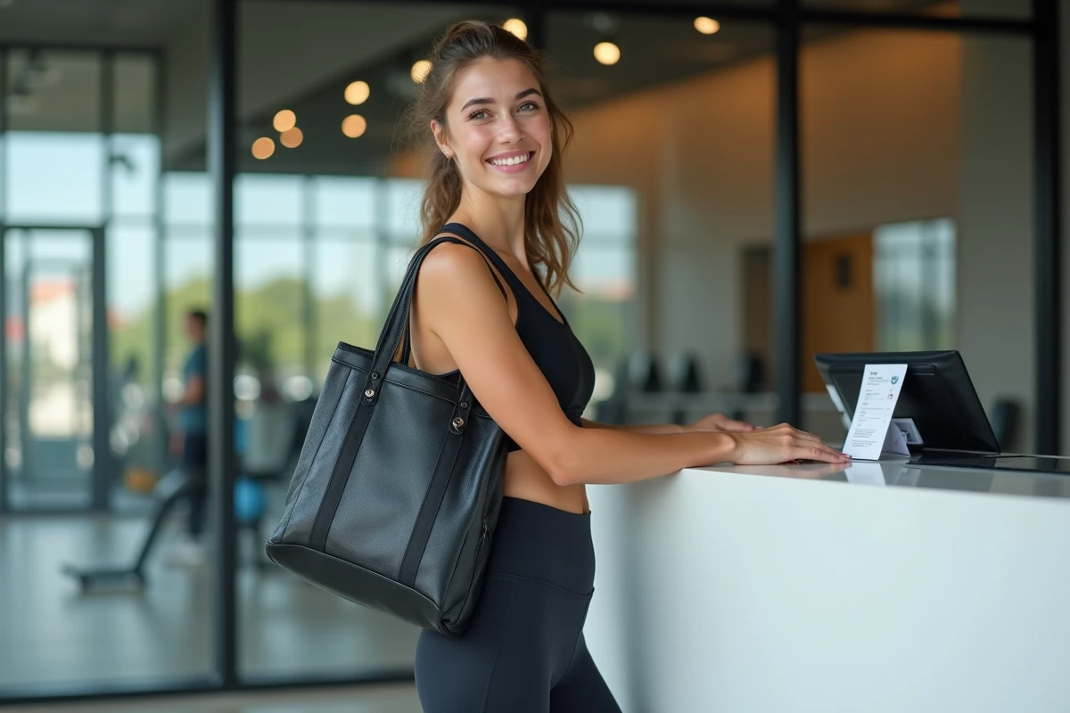 Femme tenant son sac Basic Fit offert à l'accueil d'une salle de sport moderne