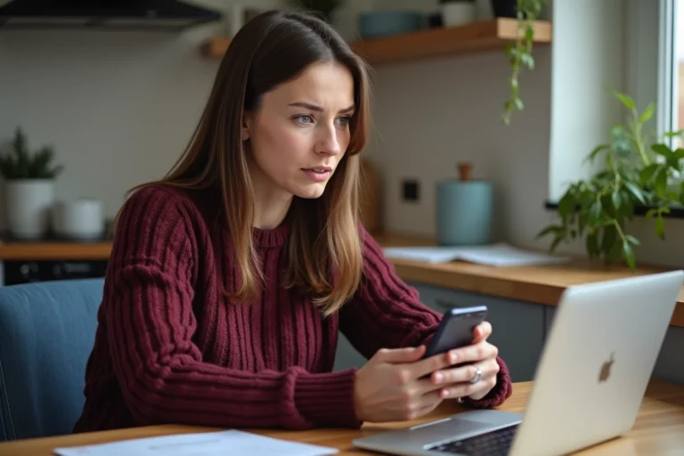 Femme dans sa cuisine vérifiant son smartphone avec inquiétude