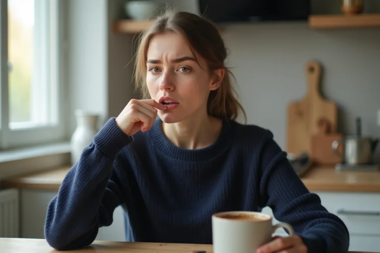 Jeune femme inquiète dans sa cuisine en pull bleu