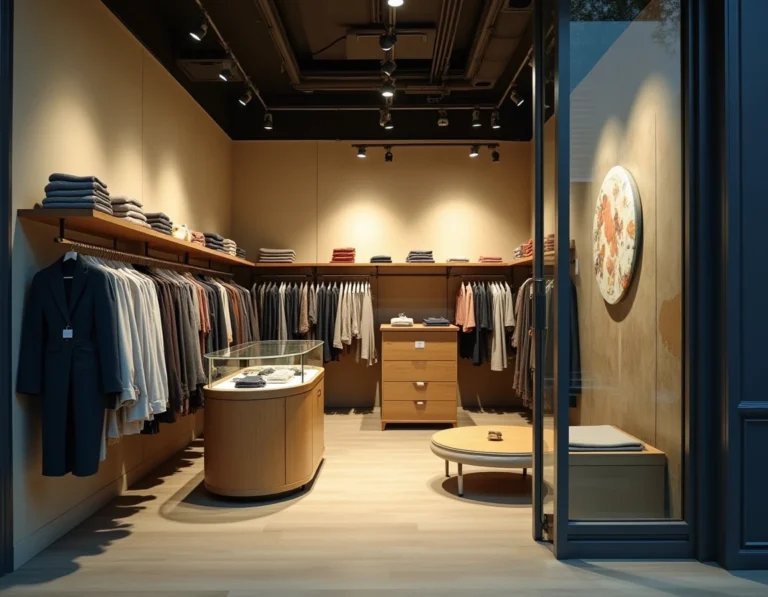 Intérieur d'une boutique de mode en cours de fermeture avec des rayons presque vides et des cartons de déménagement