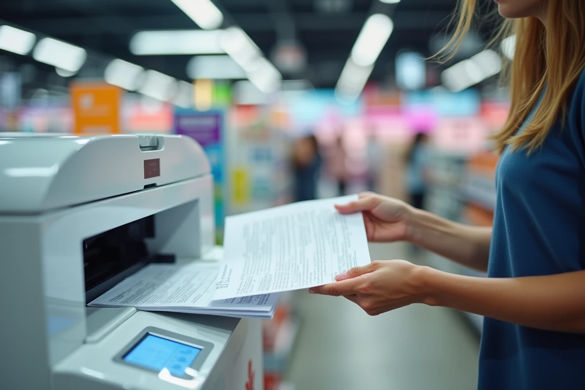 Gros plan sur des documents imprimés sortant d'une imprimante libre-service dans un supermarché