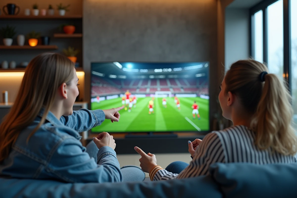 Groupe de jeunes adultes regardant un match en streaming sur une télévision dans un appartement moderne