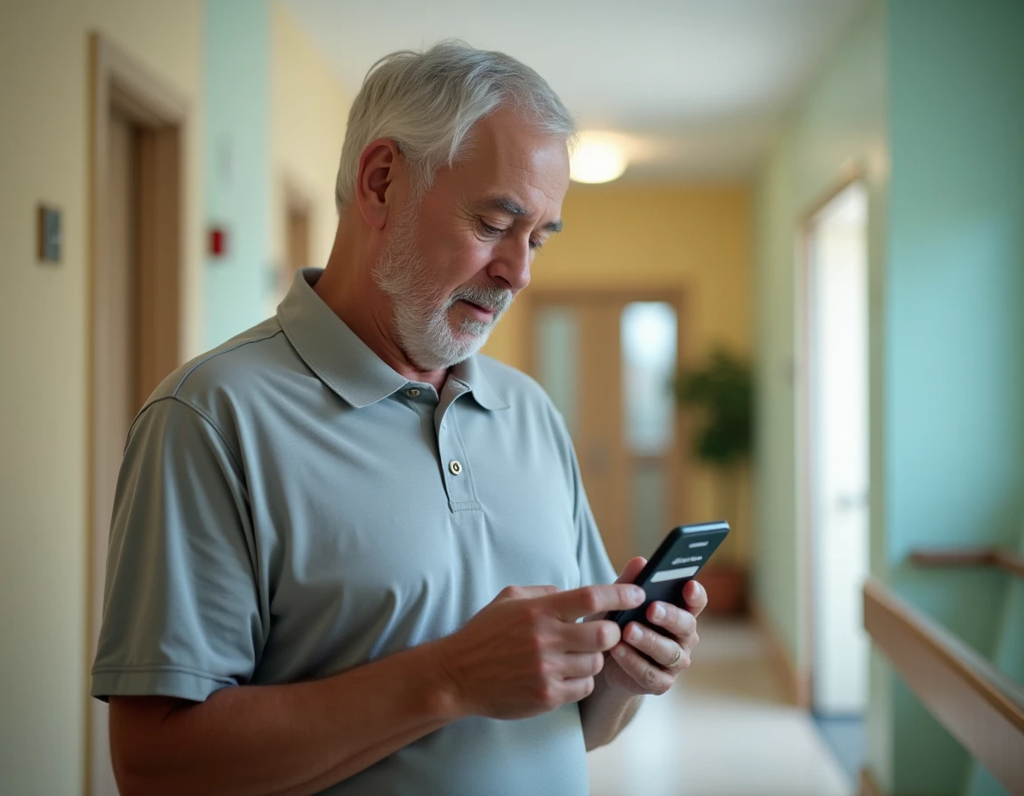 Aide-soignant âgé consultant les étapes de connexion à Netsoins sur son smartphone dans le couloir d'un EHPAD