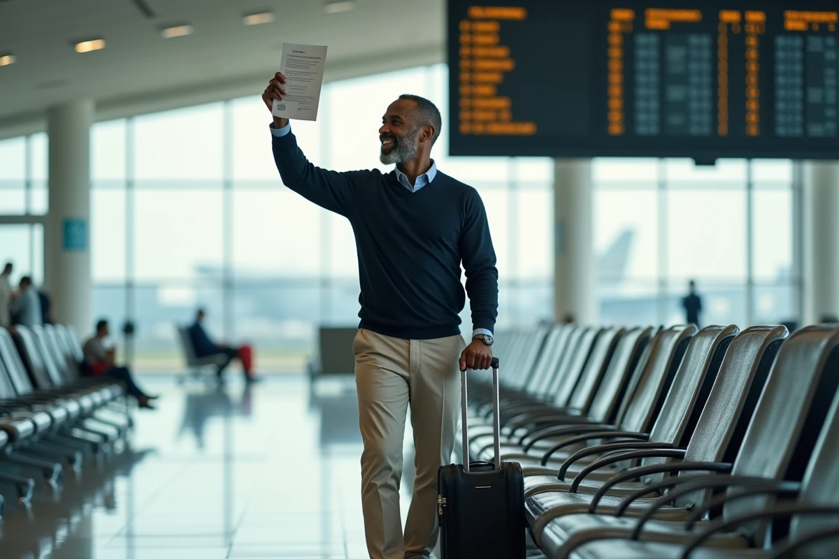 Homme souriant avec document et valise dans un aéroport